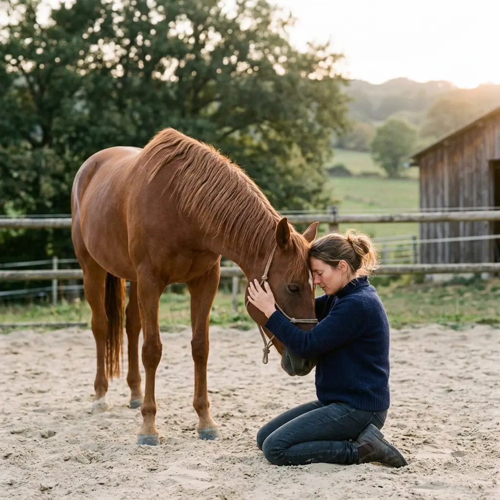 Une thérapeute agenouillée caresse un cheval dans un pré