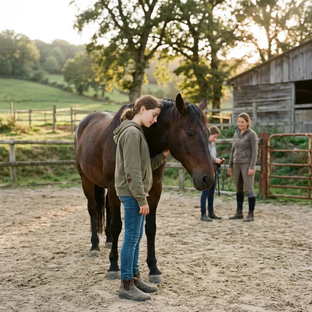 Une adolescente accompagnée d'une thérapeute mène un cheval dans un pré
