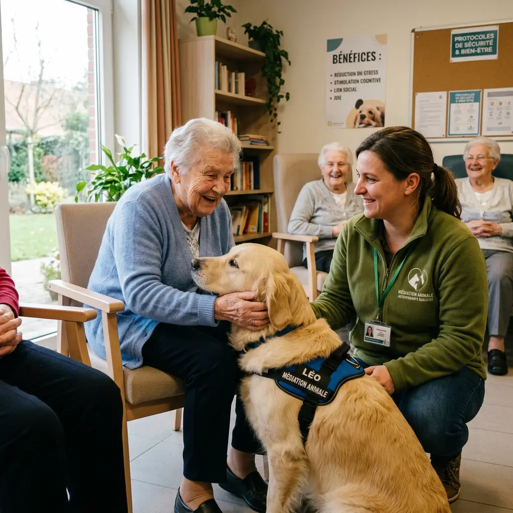 Une résidente caresse un chien de médiation accompagnée d'une intervenante