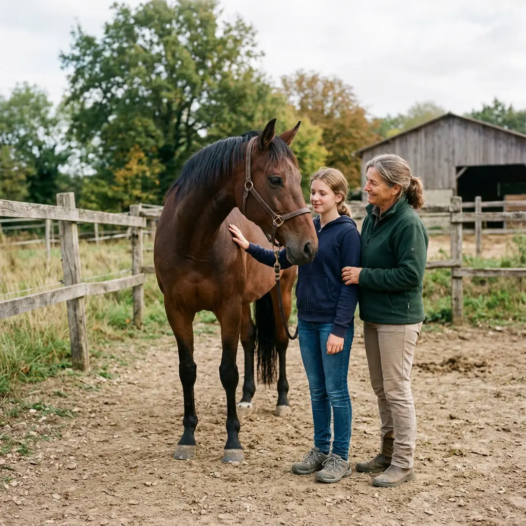 Une thérapeute et une adolescente aux côtés d'un cheval devant une grange